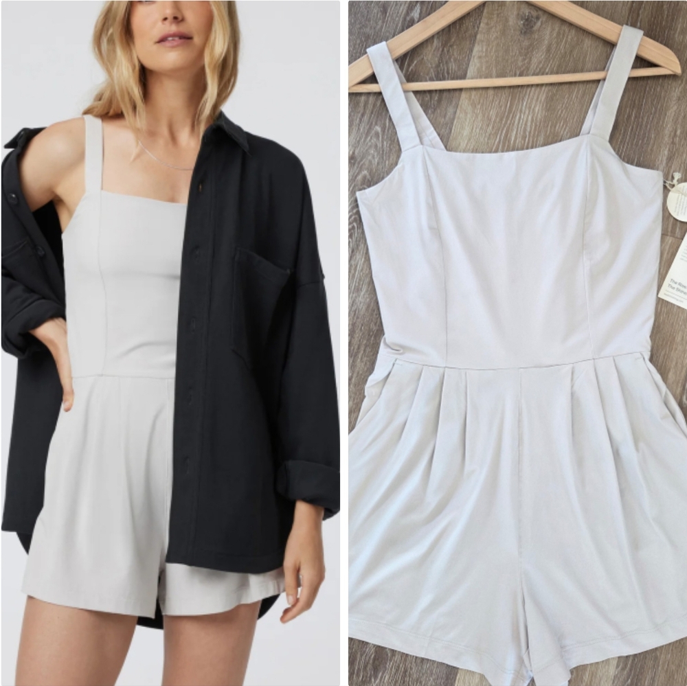 Vuori Villa Cami Romper Suede NWT Soft Performance Stretch Smocked Bodice Pocket